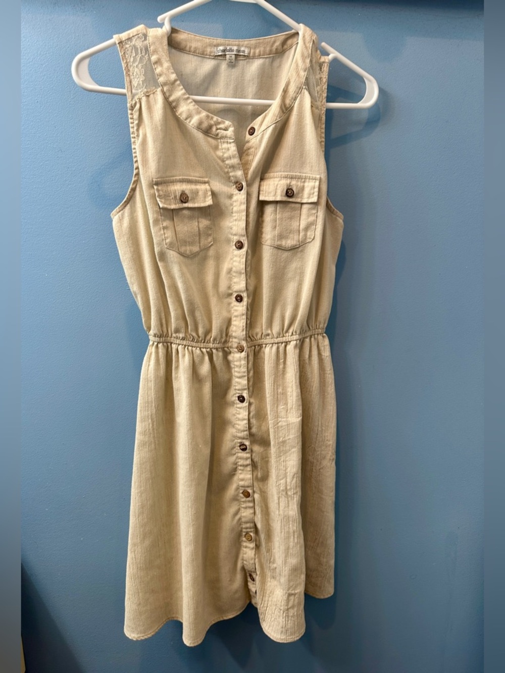 Charlotte Russe Dress tan lace sleeves button down size medium